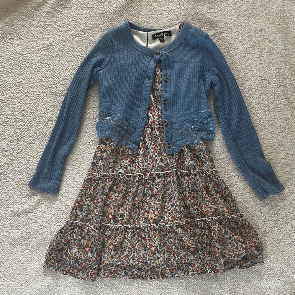 Trixxi Girl Blue Cardigan & Tiered Floral Dress Set – Size Small (7/8)